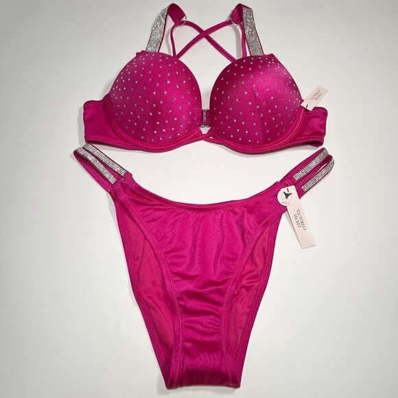 Victoria Secret 36A M Bombshell Push Up Bikini Top Set Shine Strap Berry Blush - Picture 1 of 12